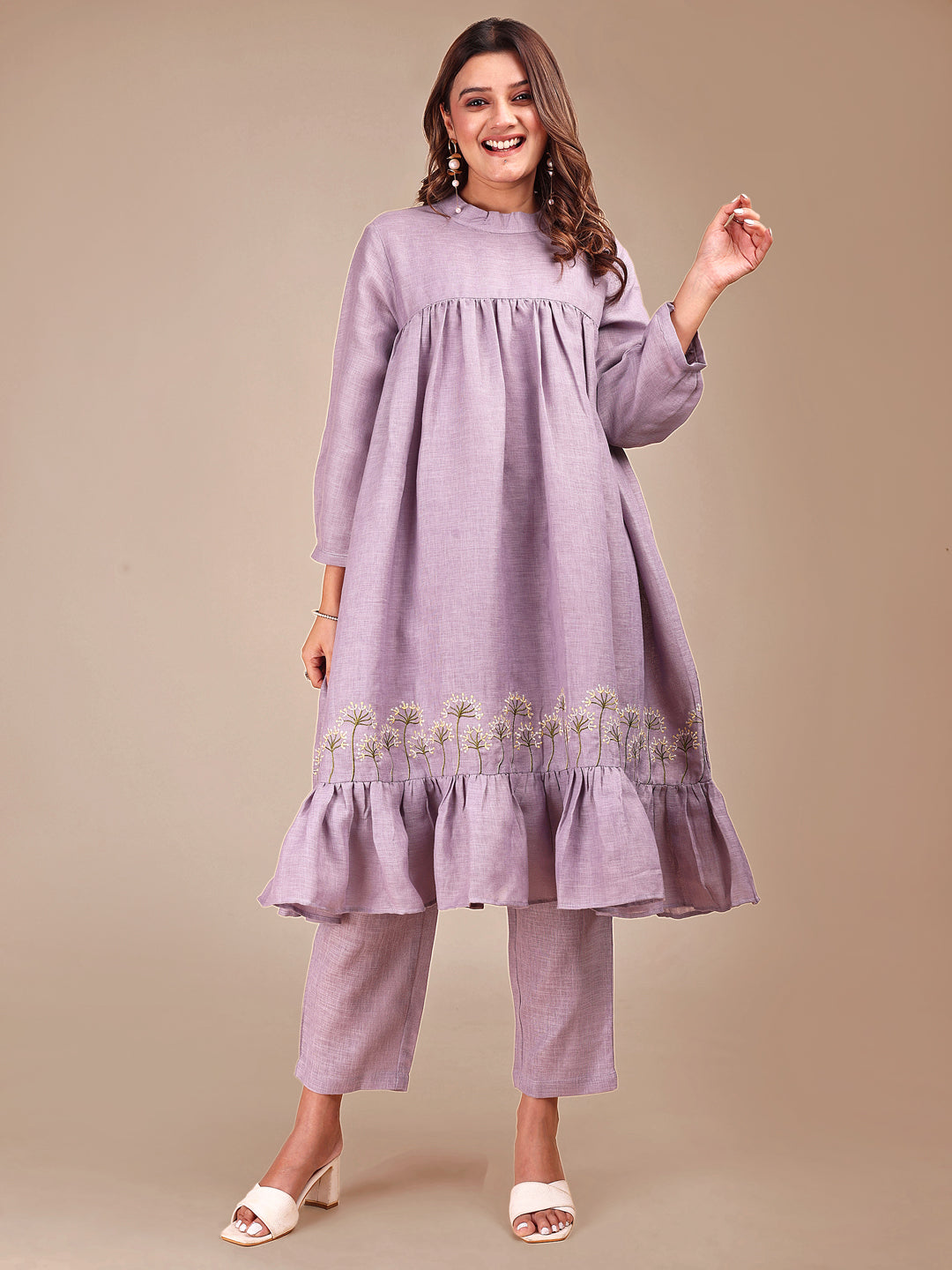 Lavender Colored Stylized Embroidered Empire Linen Co-ord Set