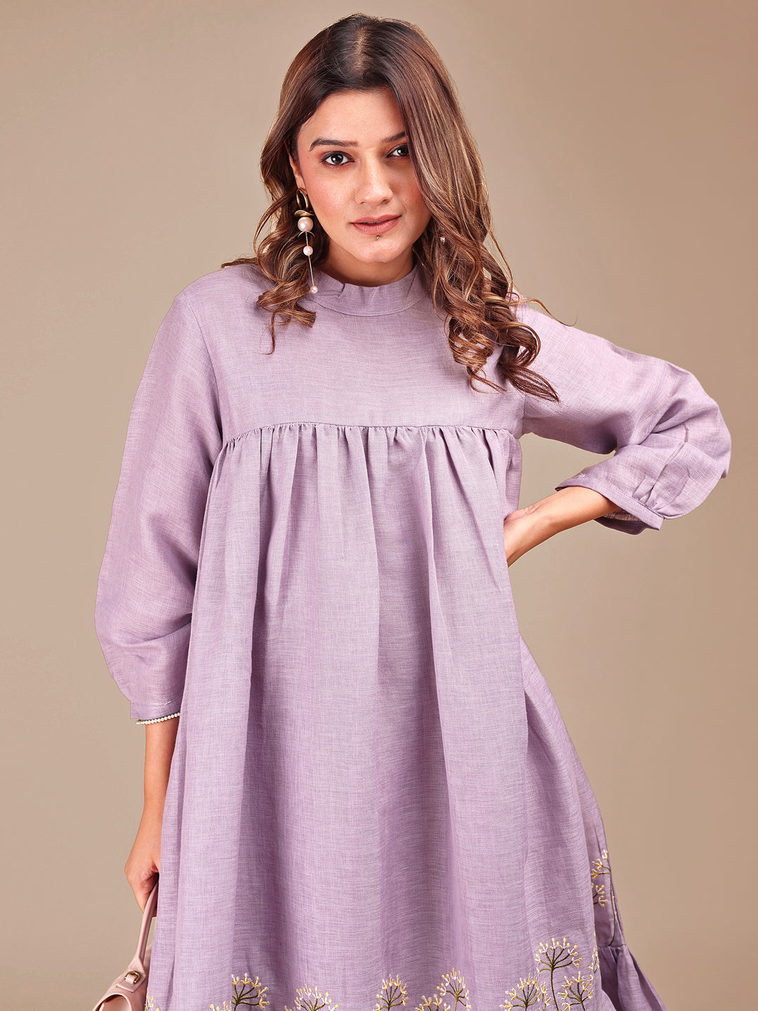 Lavender Colored Stylized Embroidered Empire Linen Co-ord Set