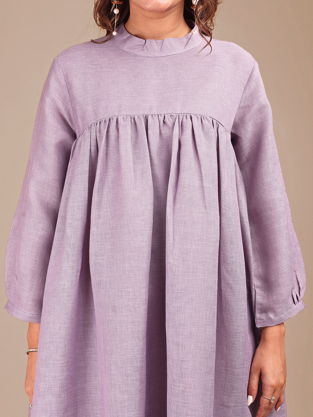 Lavender Colored Stylized Embroidered Empire Linen Co-ord Set