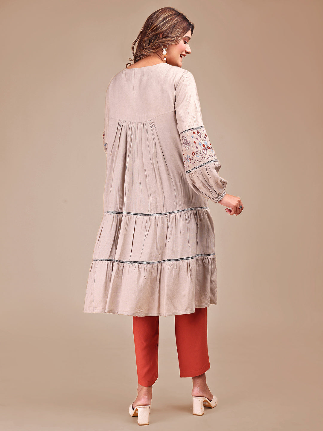 Taupe Colored Contrast Embroidered Rayon Empire Co-ord Set