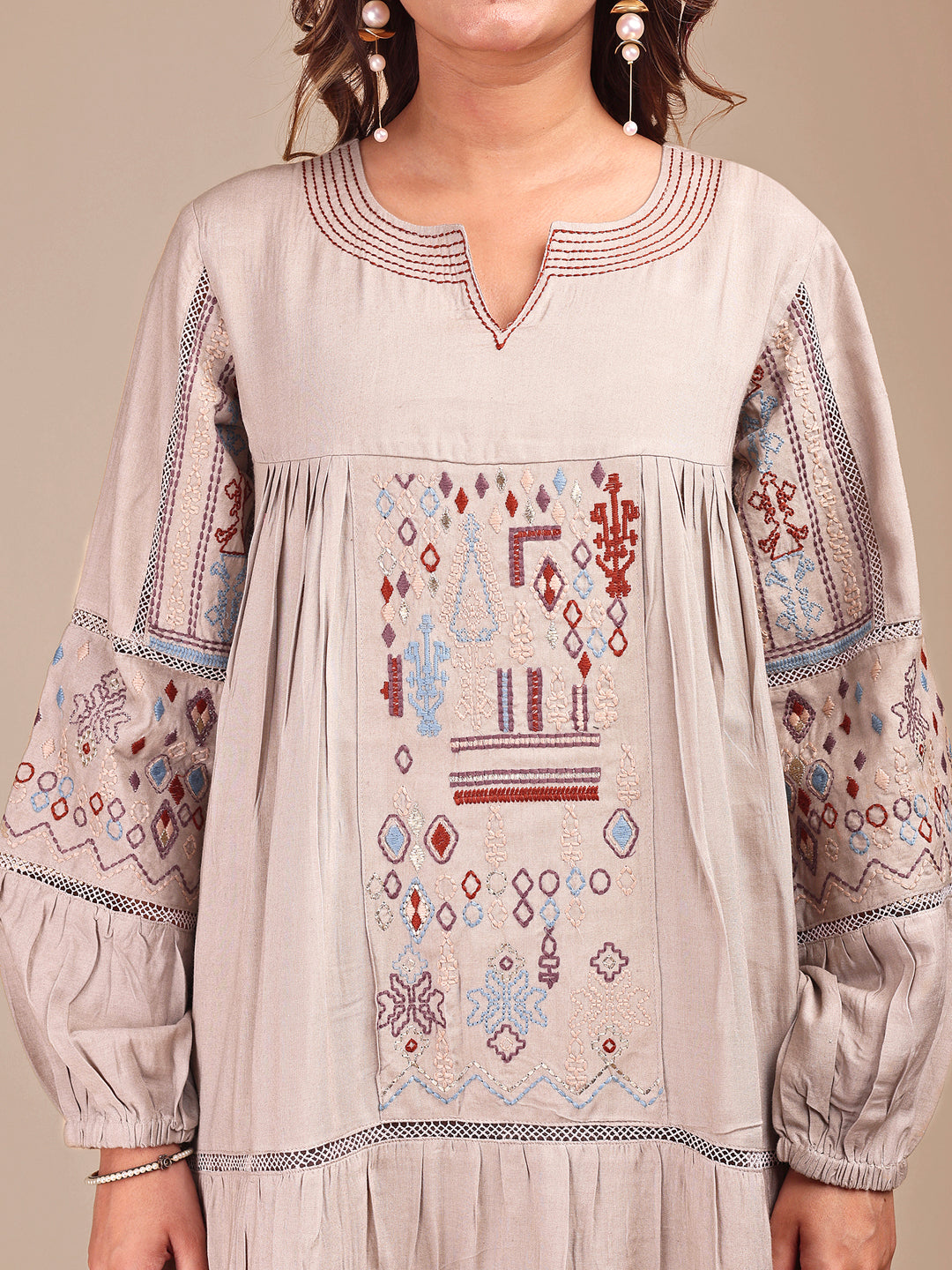 Taupe Colored Contrast Embroidered Rayon Empire Co-ord Set