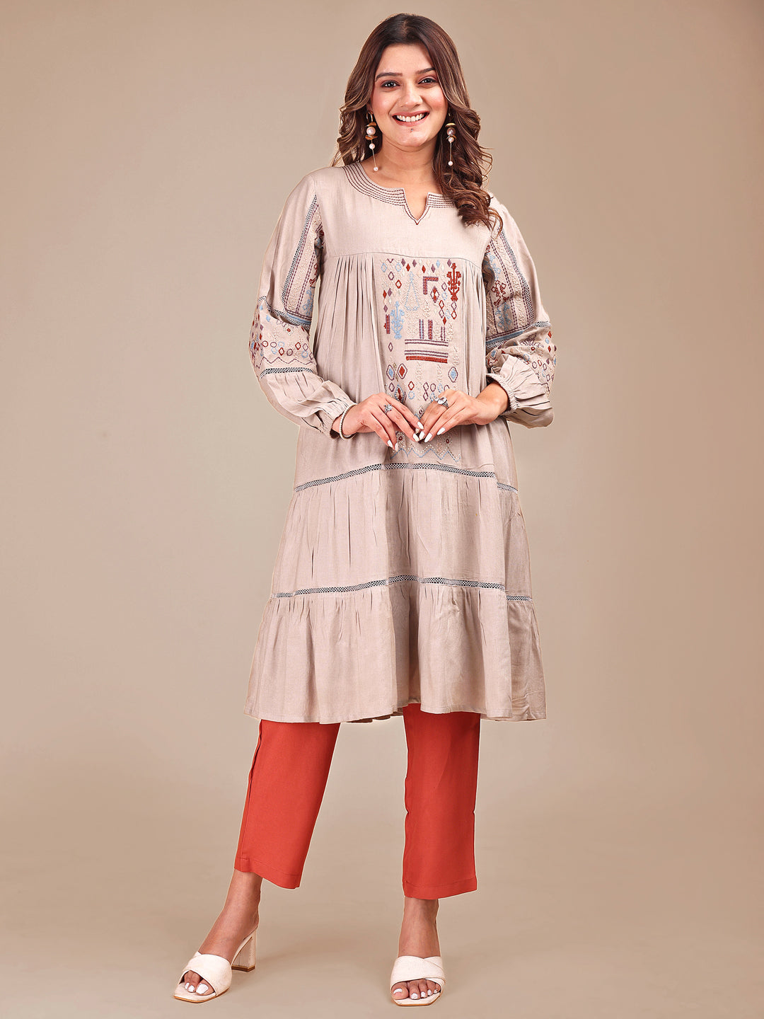 Taupe Colored Contrast Embroidered Rayon Empire Co-ord Set