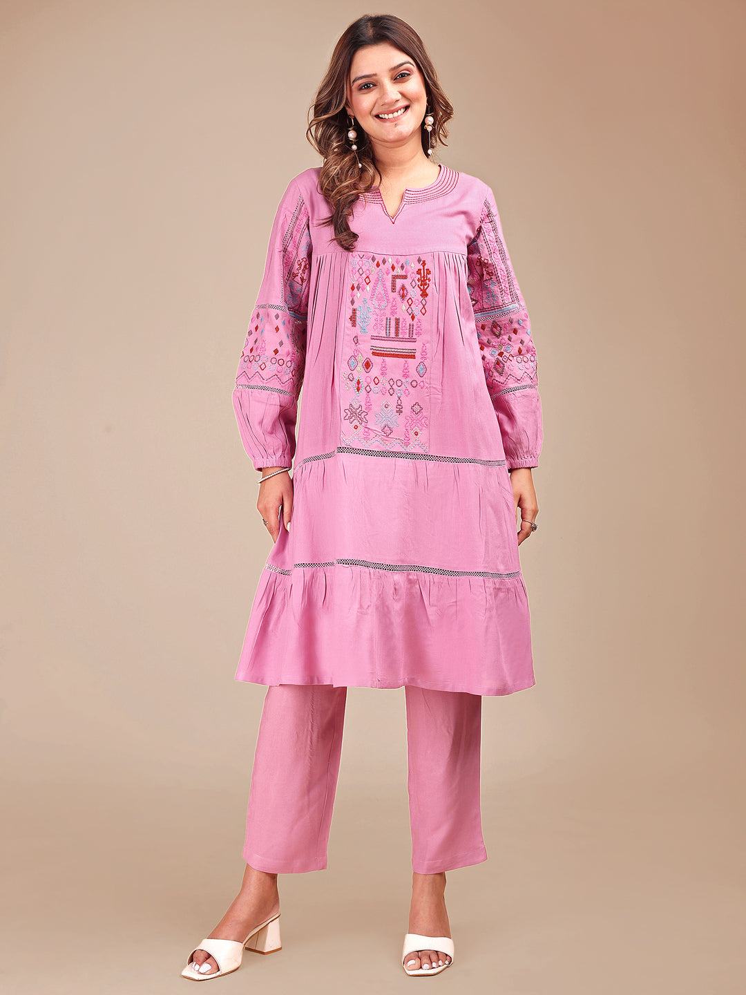 Mauve Colored Contrast Embroidered Rayon Empire Co-ord Set