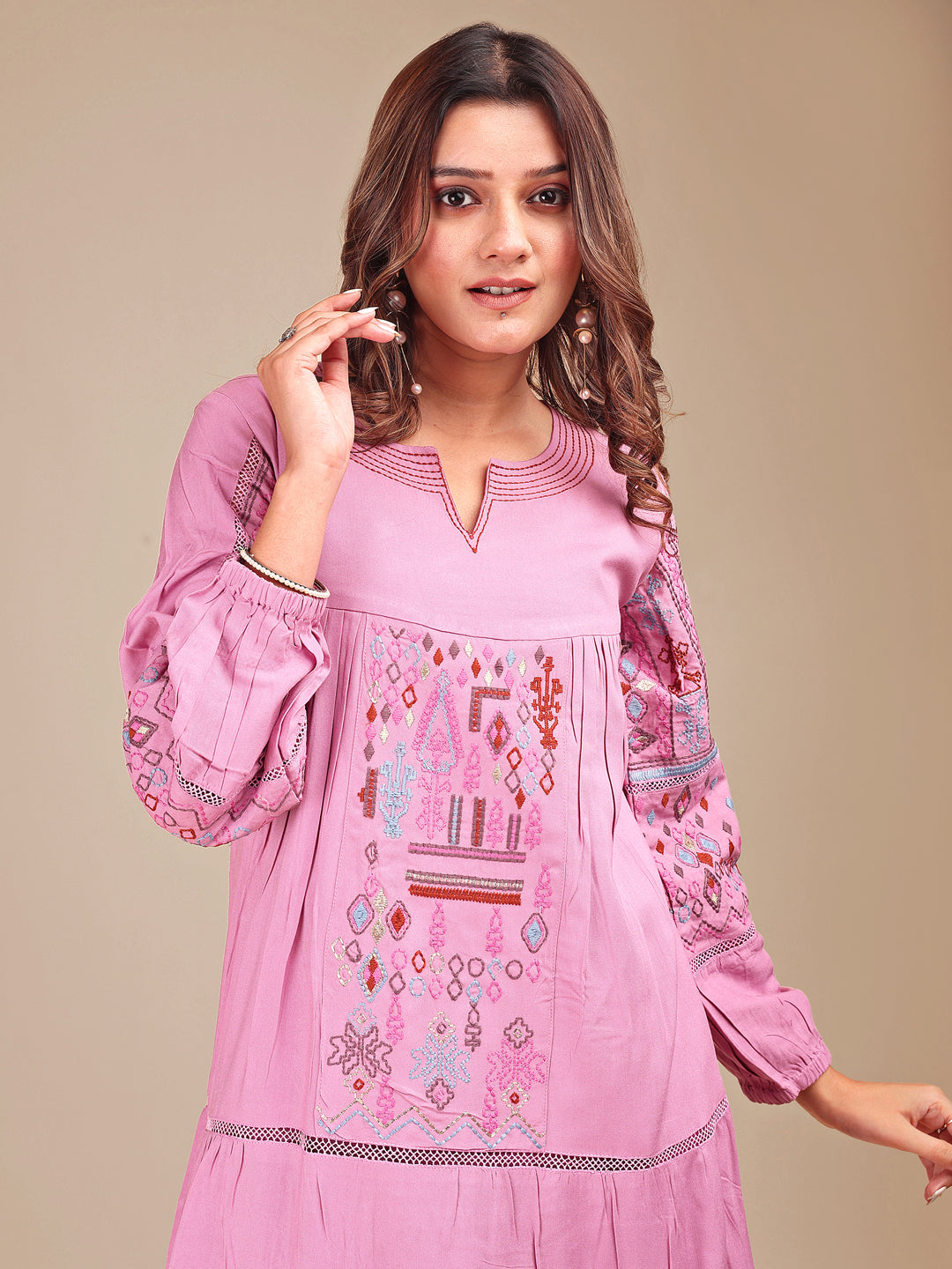Mauve Colored Contrast Embroidered Rayon Empire Co-ord Set