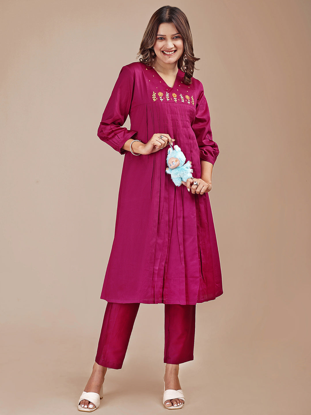 Magenta Colored Cotton Co-ord Set With Embroidered Yoke A-Line