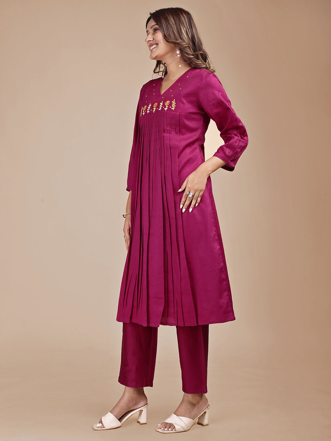 Magenta Colored Cotton Co-ord Set With Embroidered Yoke A-Line