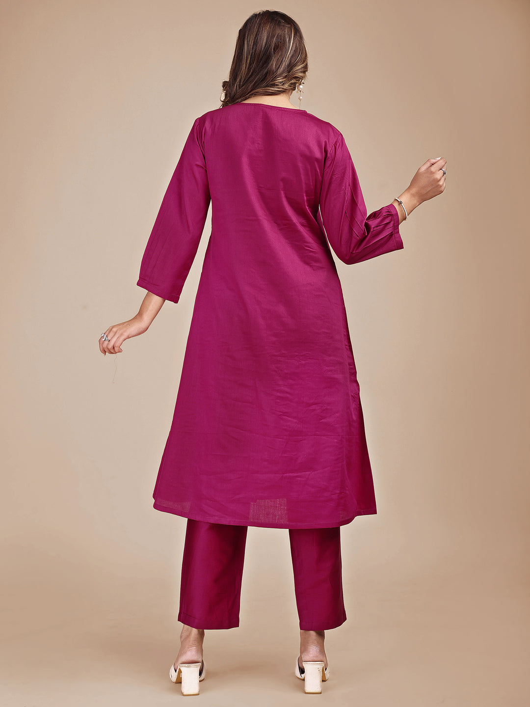 Magenta Colored Cotton Co-ord Set With Embroidered Yoke A-Line