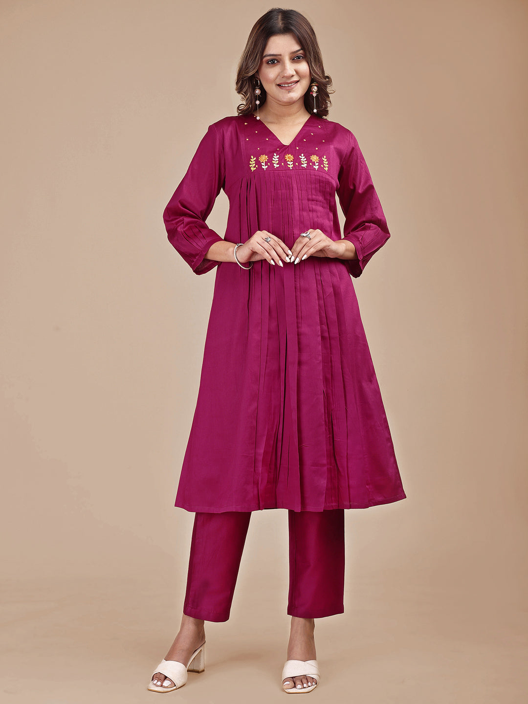 Magenta Colored Cotton Co-ord Set With Embroidered Yoke A-Line