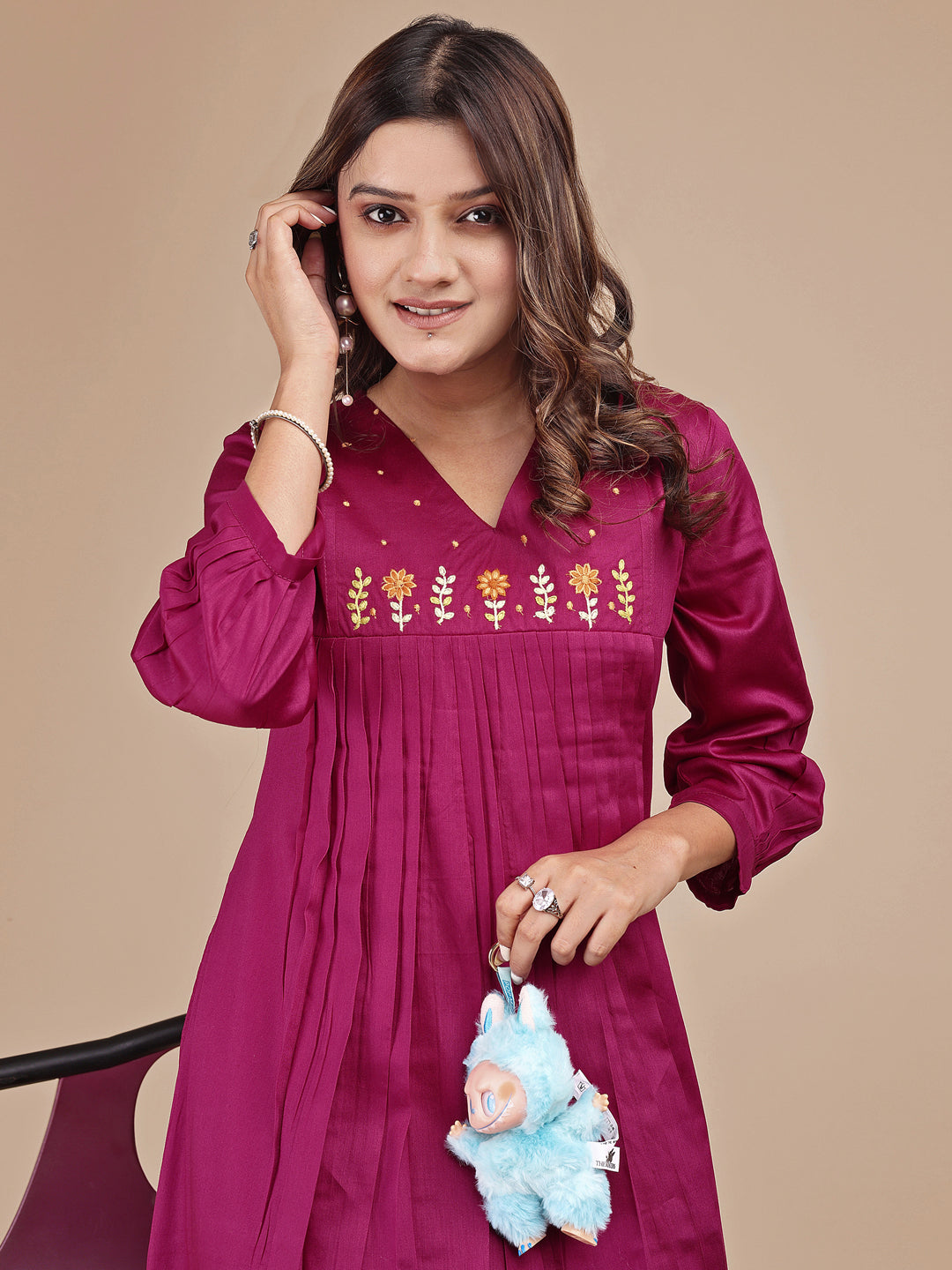 Magenta Colored Cotton Co-ord Set With Embroidered Yoke A-Line