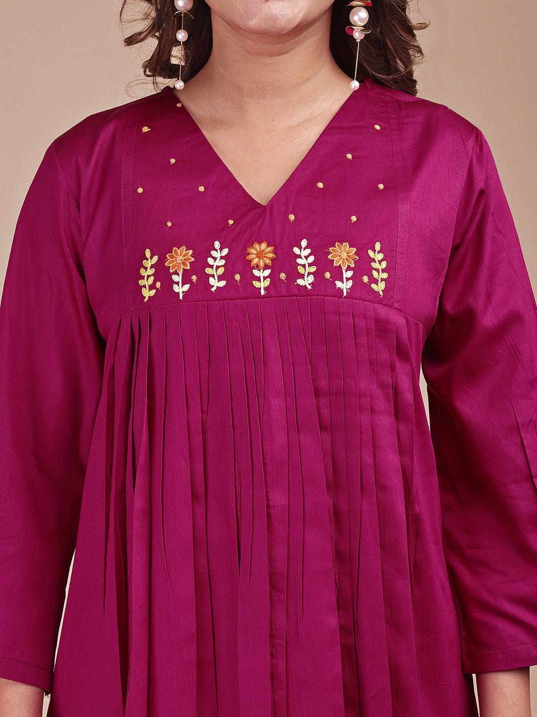 Magenta Colored Cotton Co-ord Set With Embroidered Yoke A-Line