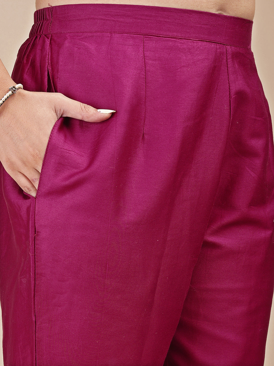 Magenta Colored Cotton Co-ord Set With Embroidered Yoke A-Line