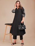 Black Colored Cotton Embroidered Sleeveless Empire A-Line Co-ord Set