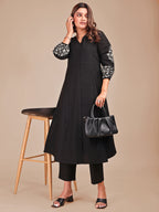 Black Colored Cotton Embroidered Sleeveless Empire A-Line Co-ord Set