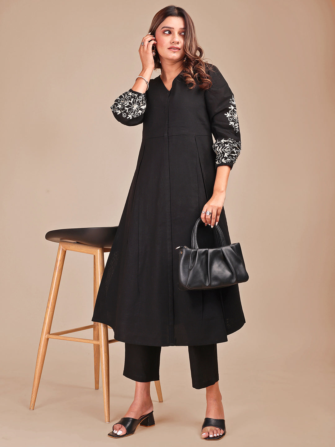 Black Colored Cotton Embroidered Sleeveless Empire A-Line Co-ord Set