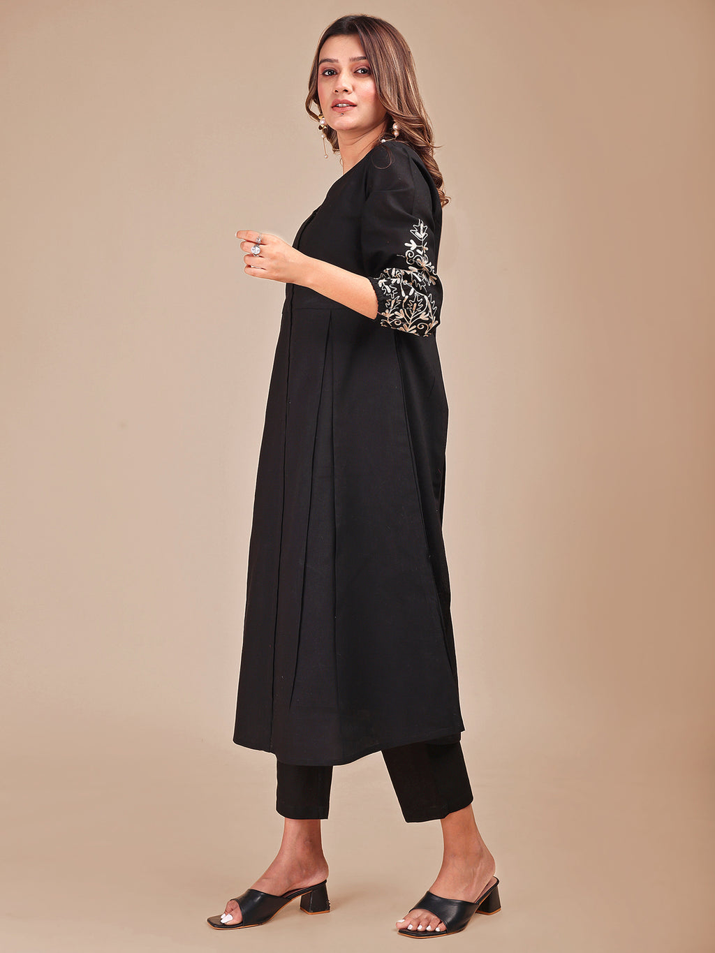 Black Colored Cotton Embroidered Sleeveless Empire A-Line Co-ord Set