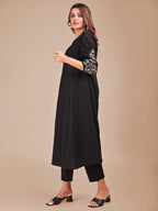 Black Colored Cotton Embroidered Sleeveless Empire A-Line Co-ord Set