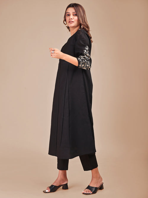 Black Colored Cotton Embroidered Sleeveless Empire A-Line Co-ord Set