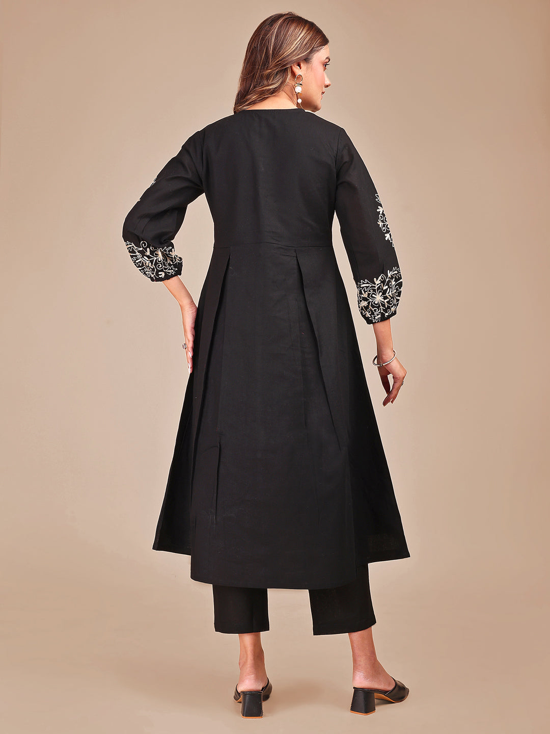 Black Colored Cotton Embroidered Sleeveless Empire A-Line Co-ord Set