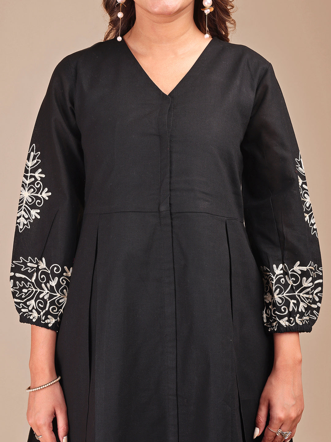 Black Colored Cotton Embroidered Sleeveless Empire A-Line Co-ord Set