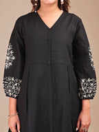 Black Colored Cotton Embroidered Sleeveless Empire A-Line Co-ord Set