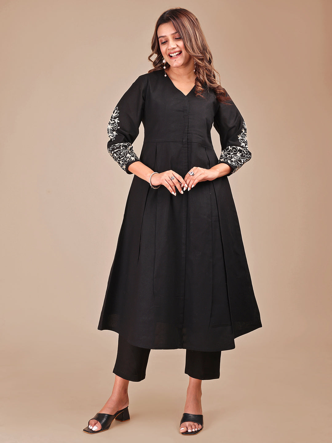 Black Colored Cotton Embroidered Sleeveless Empire A-Line Co-ord Set