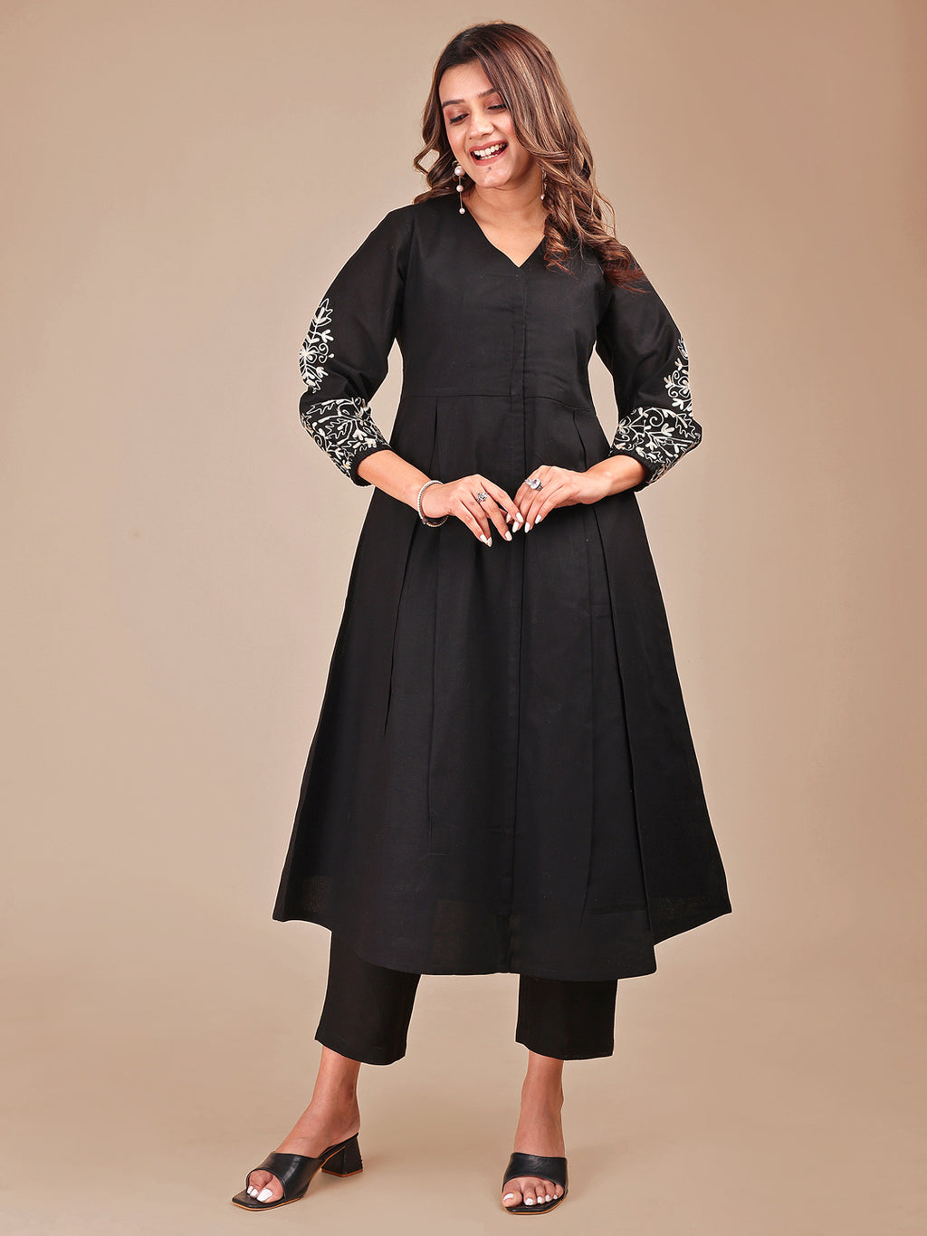 Black Colored Cotton Embroidered Sleeveless Empire A-Line Co-ord Set