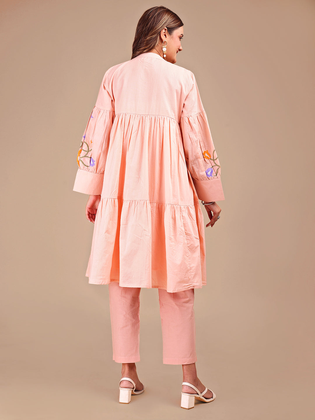 Peach Colored Cotton Tiered Co-ord Set With All Over Embroidery