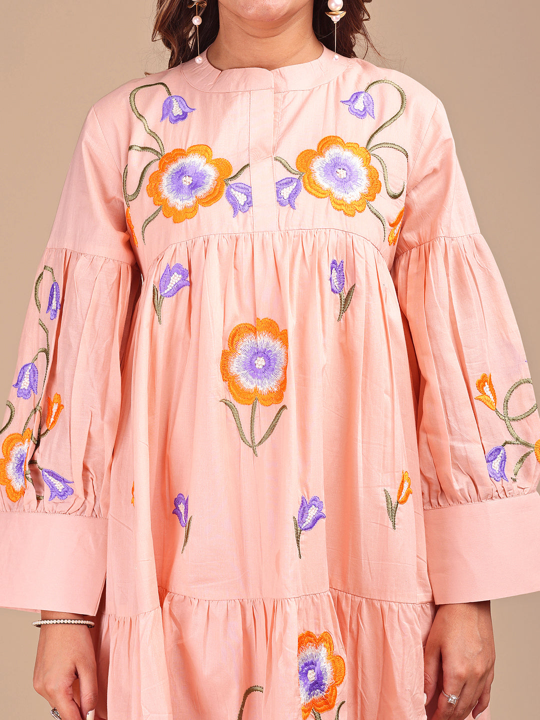 Peach Colored Cotton Tiered Co-ord Set With All Over Embroidery