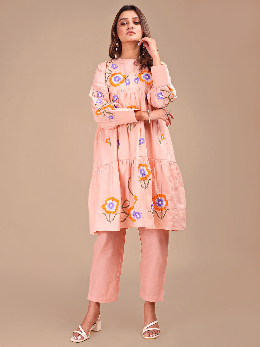 Peach Colored Cotton Tiered Co-ord Set With All Over Embroidery