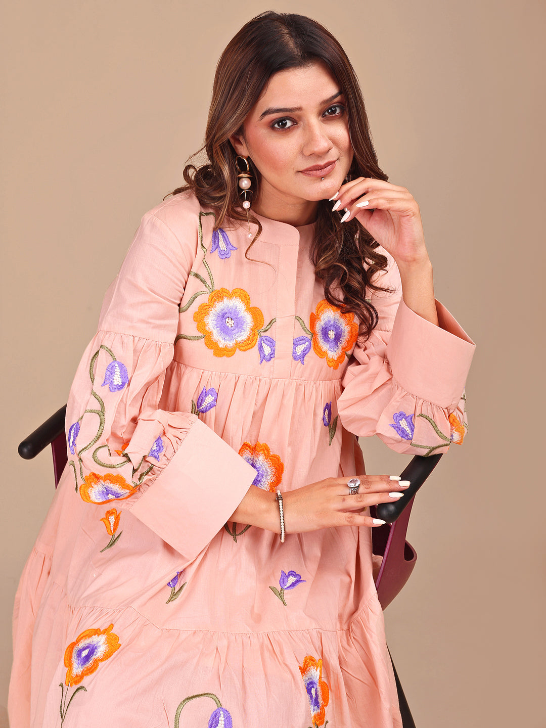 Peach Colored Cotton Tiered Co-ord Set With All Over Embroidery