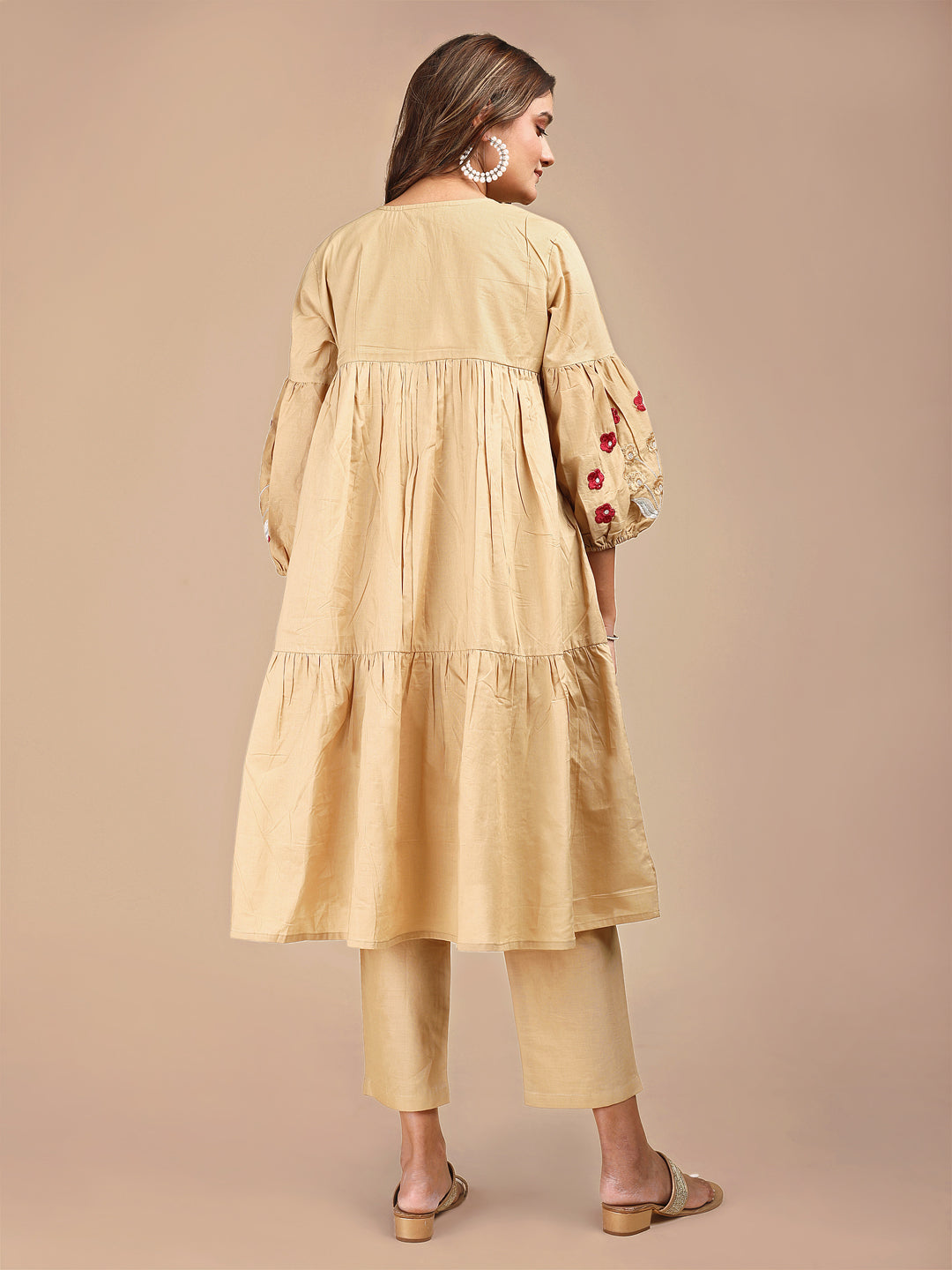 Khaki Colored Cotton V-Neck Tiered Co-ord Set With All Over Embroidery