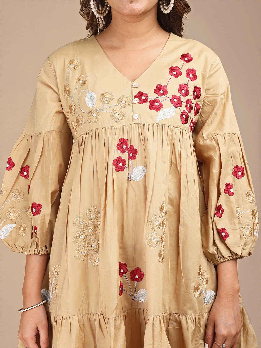 Khaki Colored Cotton V-Neck Tiered Co-ord Set With All Over Embroidery