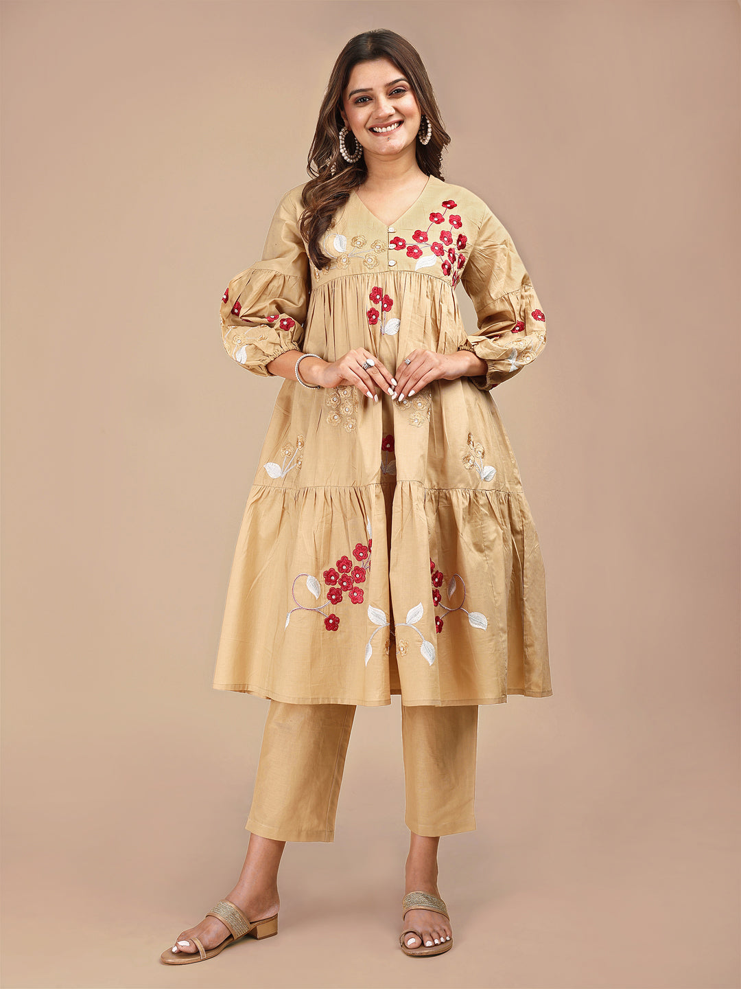 Khaki Colored Cotton V-Neck Tiered Co-ord Set With All Over Embroidery