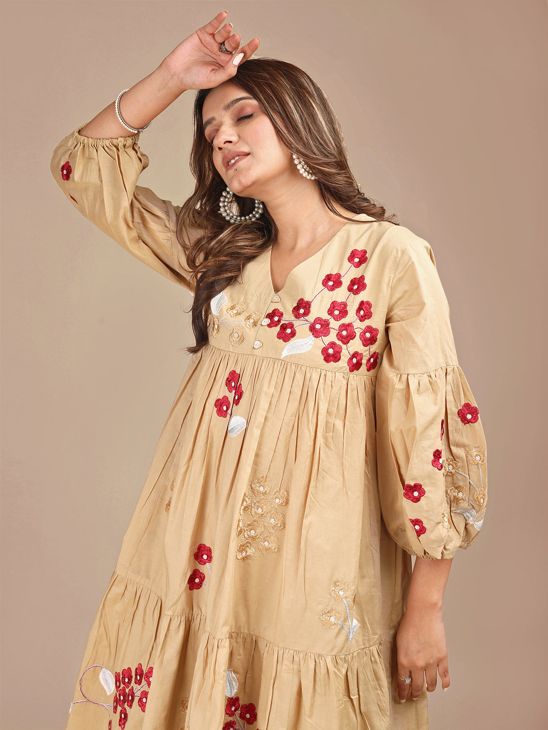 Khaki Colored Cotton V-Neck Tiered Co-ord Set With All Over Embroidery