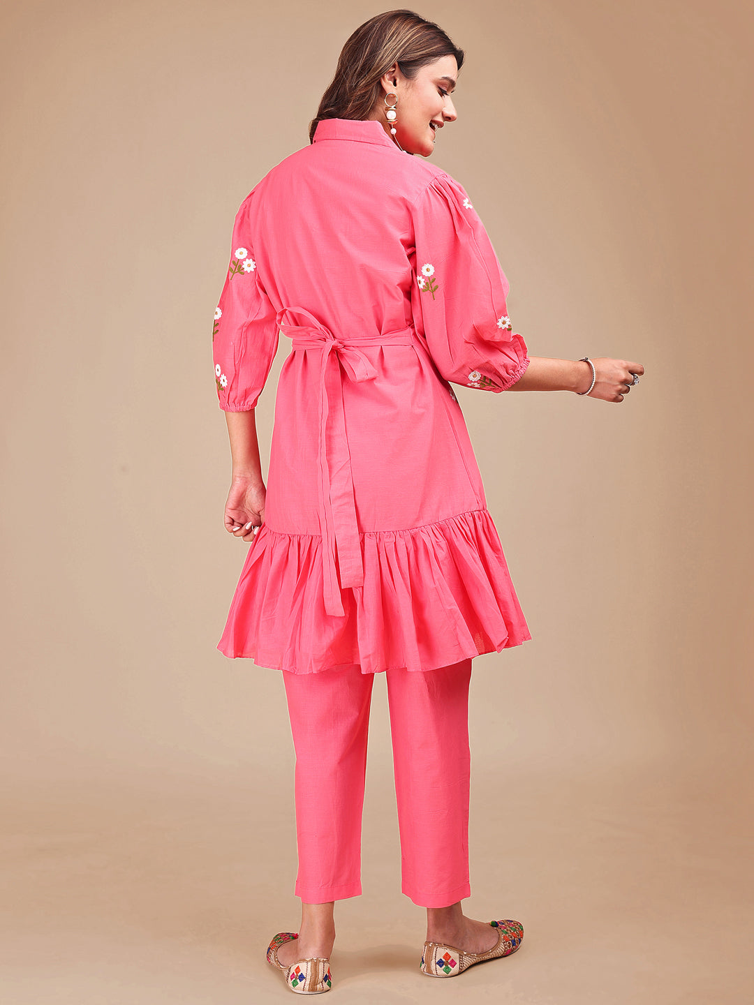 Blush Pink Colored Cotton Frill Co-ord Set With All Over Embroidery