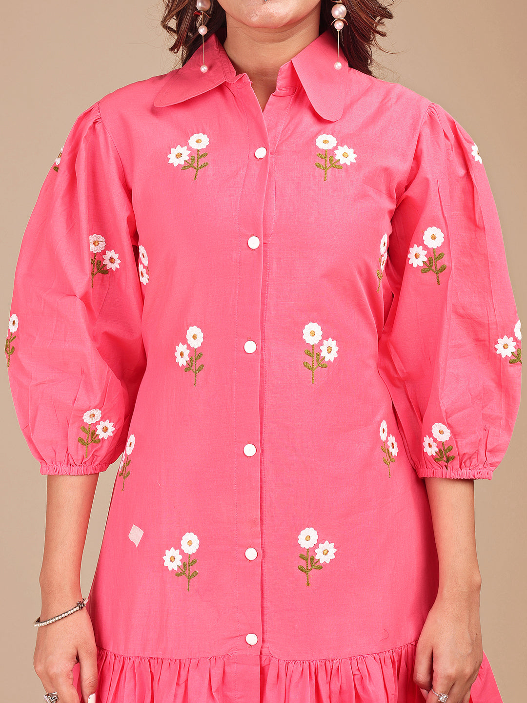 Blush Pink Colored Cotton Frill Co-ord Set With All Over Embroidery