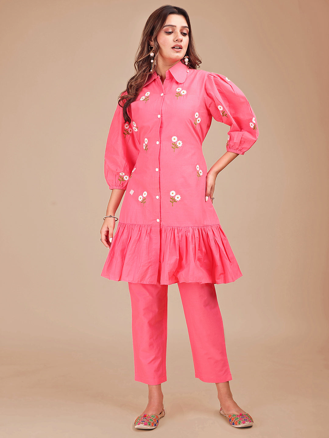 Blush Pink Colored Cotton Frill Co-ord Set With All Over Embroidery