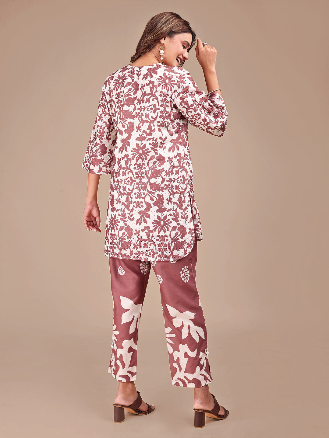 Camel Brown Colored Printed Hakoba Cotton Co-ord Set