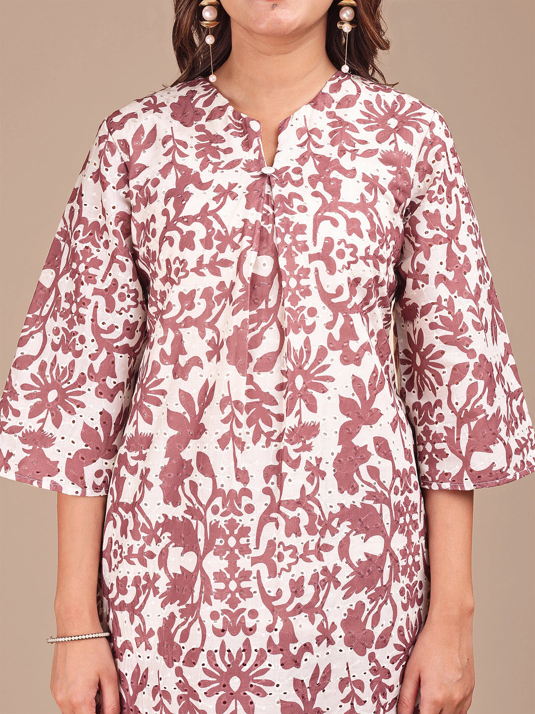 Camel Brown Colored Printed Hakoba Cotton Co-ord Set