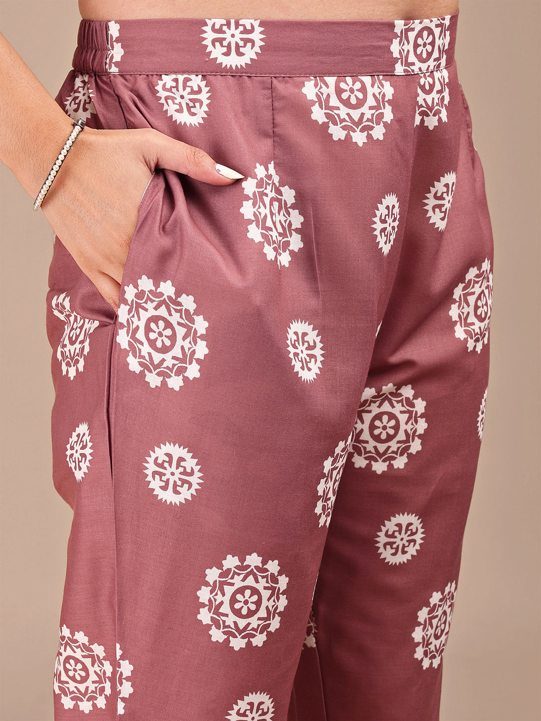 Camel Brown Colored Printed Hakoba Cotton Co-ord Set