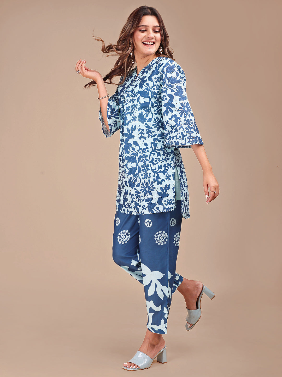 Blue Colored Shades Cotton Printed Hakoba Co-ord Set