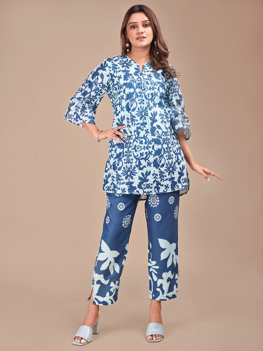 Blue Colored Shades Cotton Printed Hakoba Co-ord Set