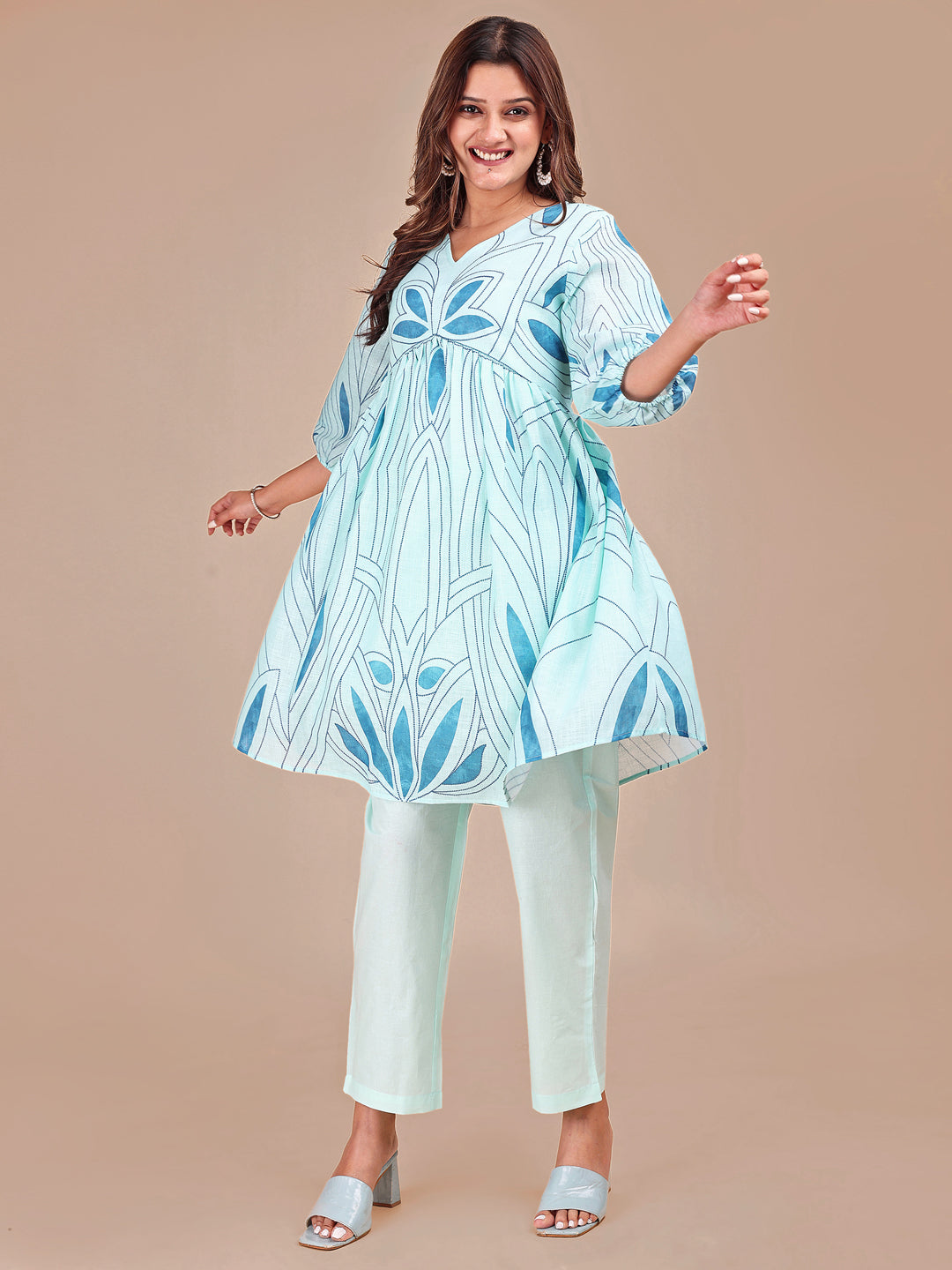 Blue Colored Shades Cotton Printed Hakoba Co-ord Set