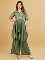 Tikhi Imli Sage green silk blend with thread work embroidered top and plazzo Co-ord Set