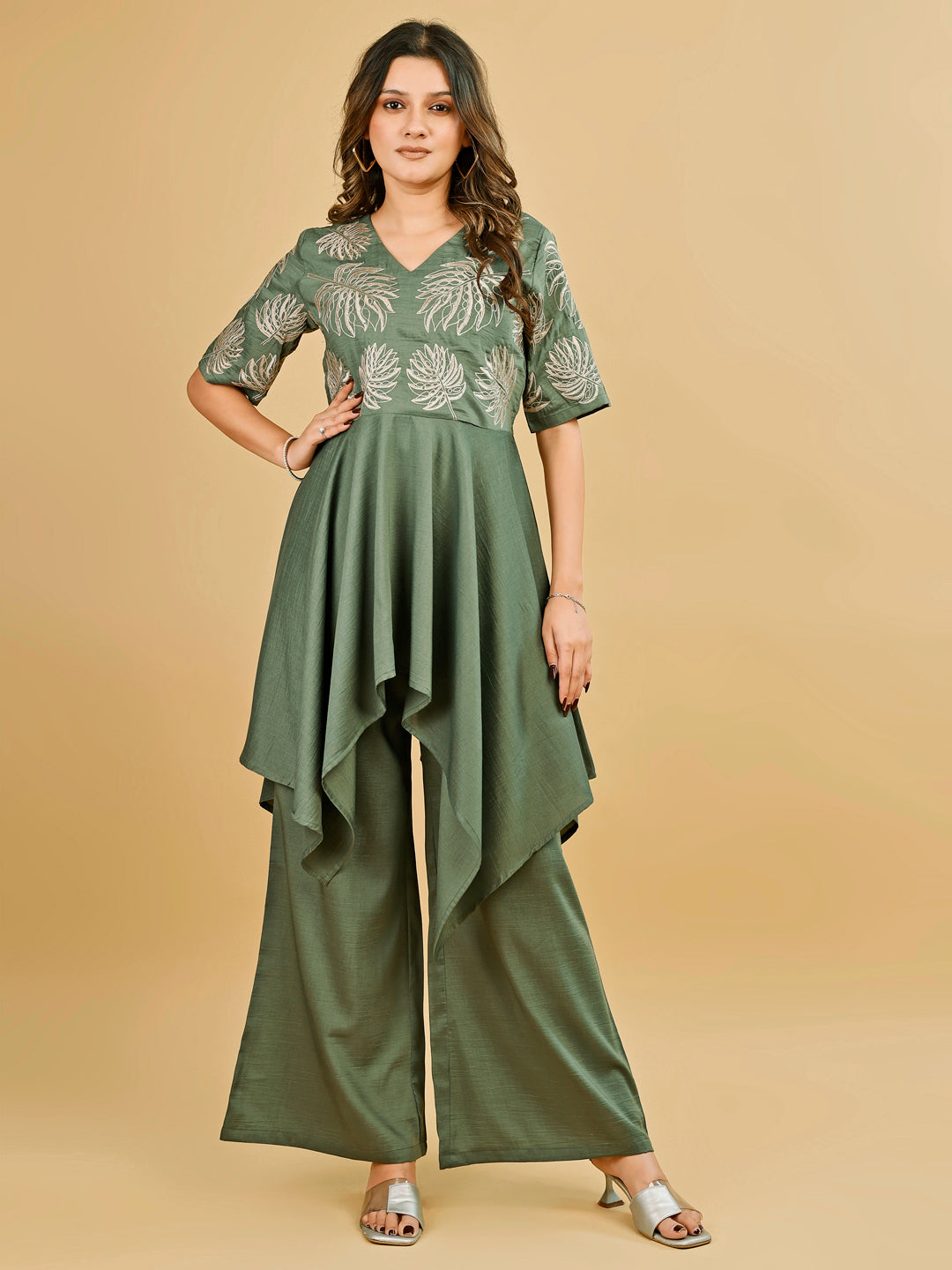 Tikhi Imli Sage green silk blend with thread work embroidered top and plazzo Co-ord Set