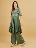 Tikhi Imli Sage green silk blend with thread work embroidered top and plazzo Co-ord Set