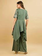 Tikhi Imli Sage green silk blend with thread work embroidered top and plazzo Co-ord Set