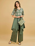 Tikhi Imli Sage green silk blend with thread work embroidered top and plazzo Co-ord Set