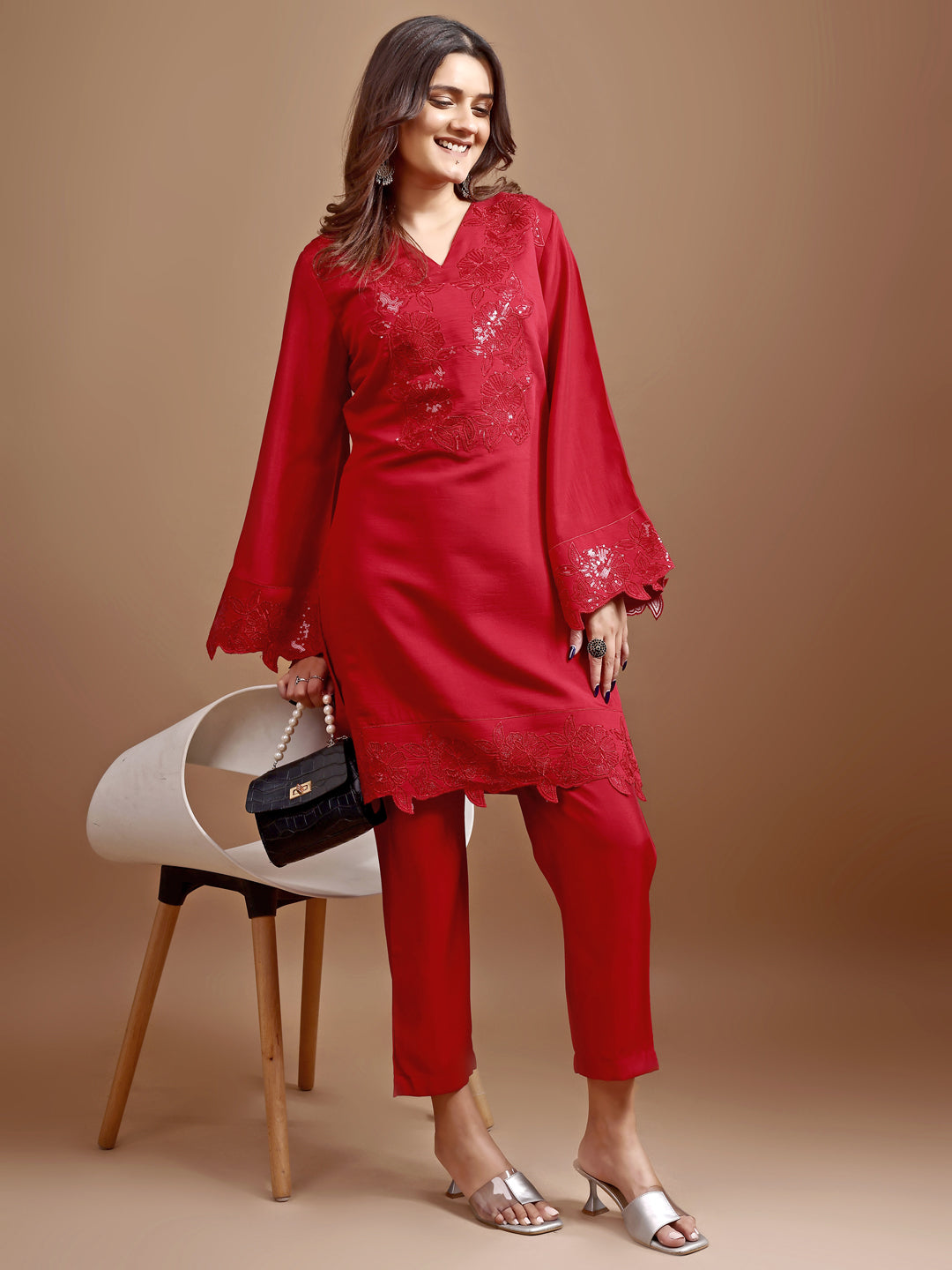 Red color silk blend with heavy sequence work tunic and trouser Co-ord set