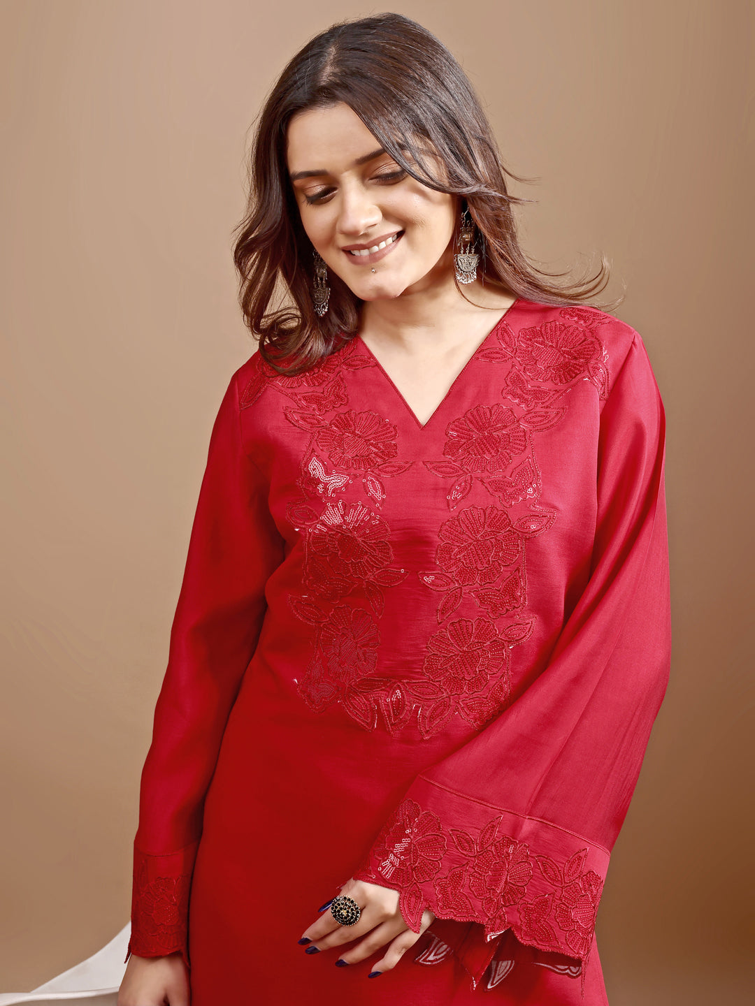 Red color silk blend with heavy sequence work tunic and trouser Co-ord set